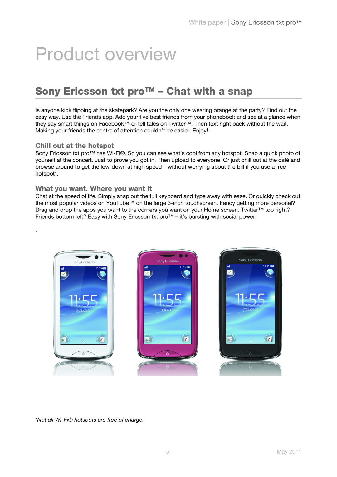 Sony Ericsson CK15i, CK15a manual Product overview, Sony Ericsson txt pro Chat with a snap, Chill out at the hotspot 