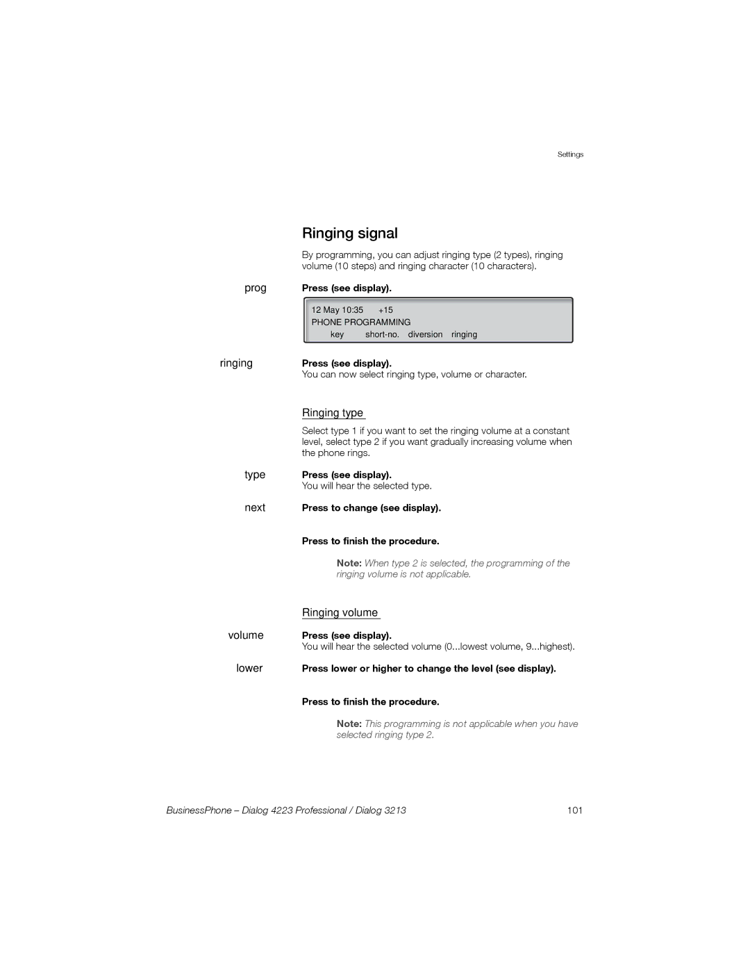 Sony Ericsson Dialog 3213, Dialog 4223 manual Ringing signal, Ringing type, Ringing volume 