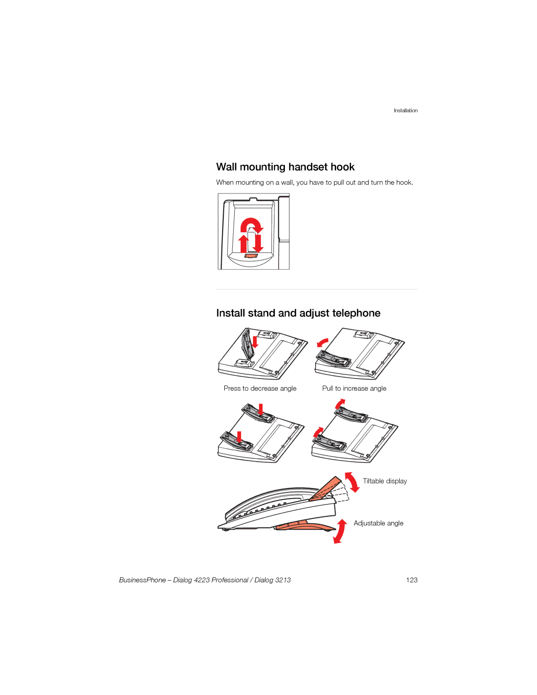 Sony Ericsson Dialog 3213, Dialog 4223 manual Wall mounting handset hook, Install stand and adjust telephone 