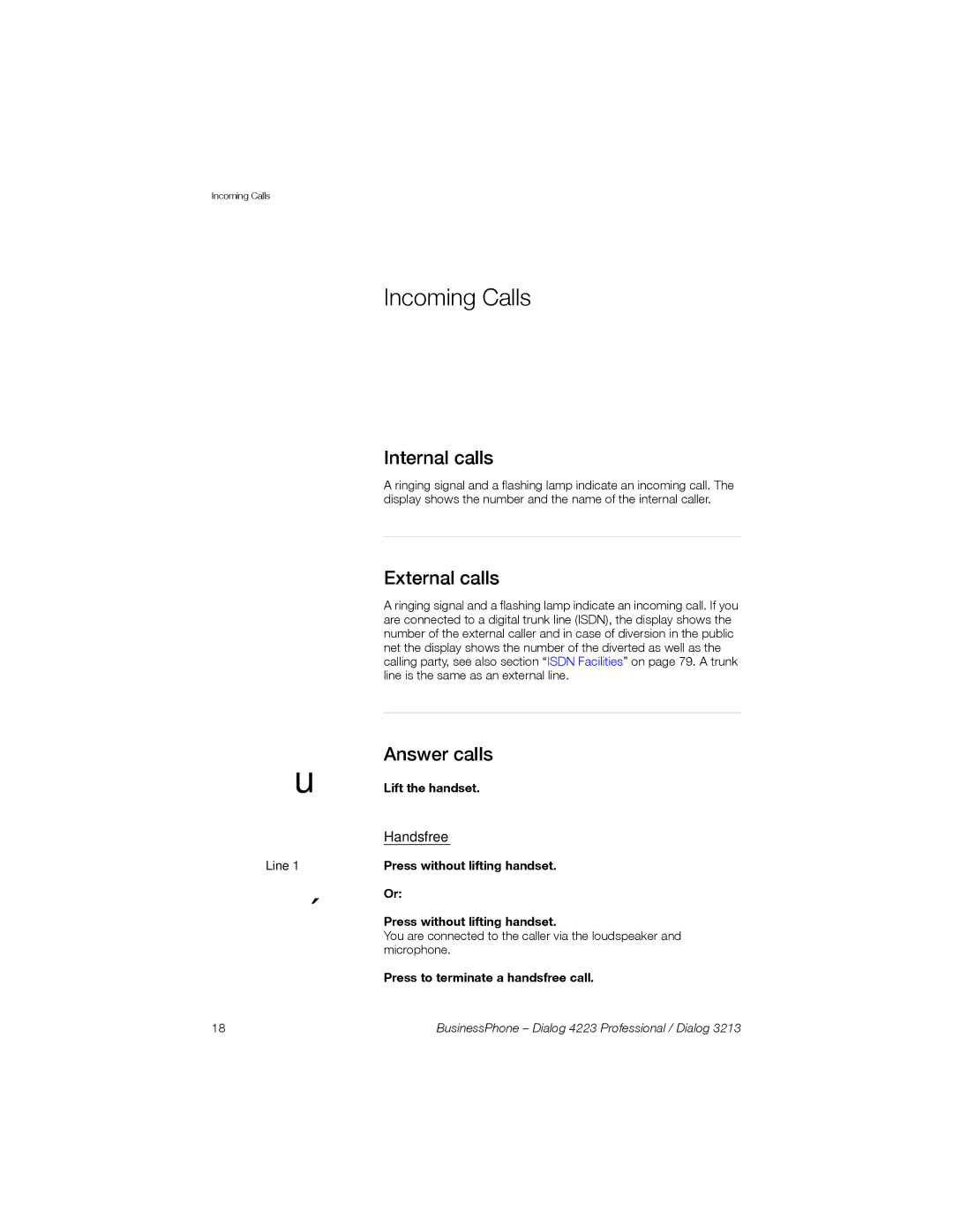 Sony Ericsson Dialog 4223, Dialog 3213 manual Incoming Calls, Internal calls, External calls, Answer calls, Handsfree 