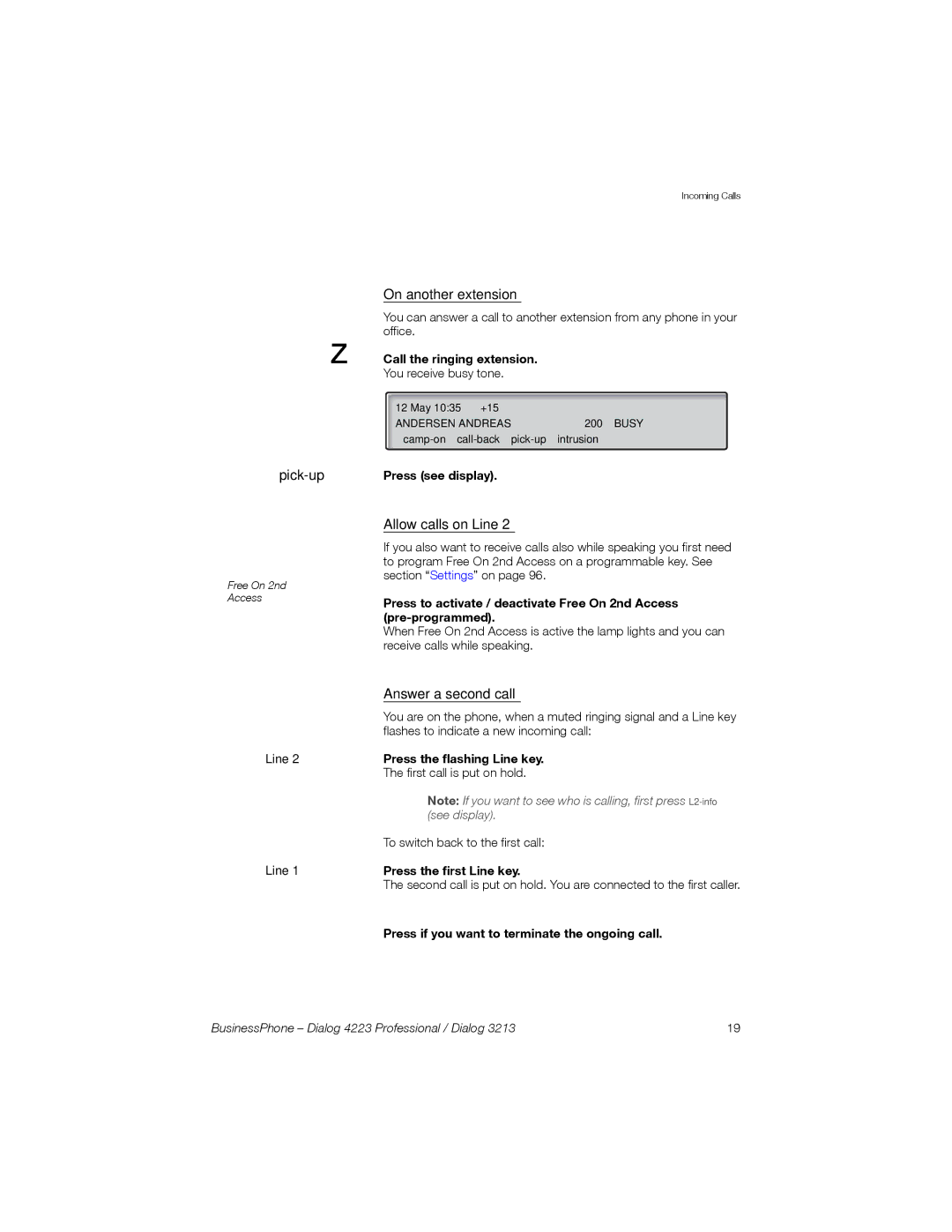 Sony Ericsson Dialog 3213, Dialog 4223 manual On another extension, Allow calls on Line, Answer a second call 