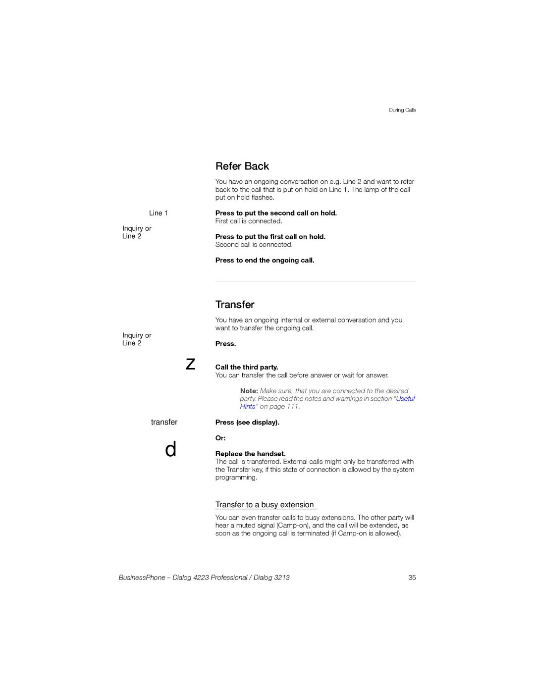 Sony Ericsson Dialog 3213, Dialog 4223 manual Refer Back, Transfer to a busy extension 