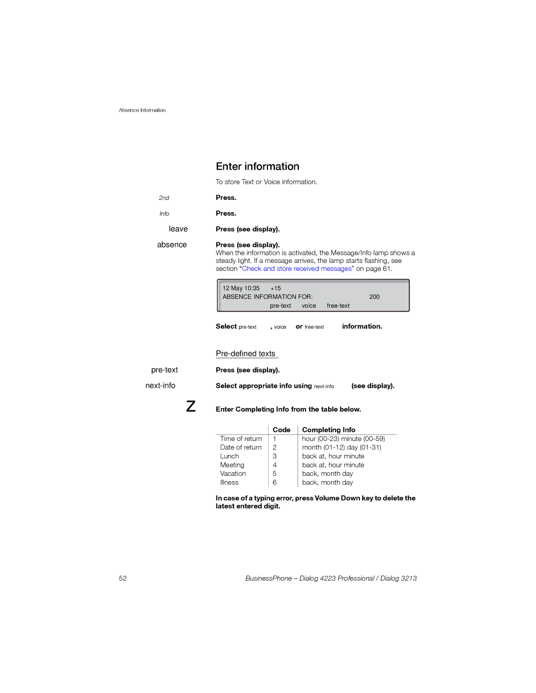 Sony Ericsson Dialog 4223, Dialog 3213 manual Enter information, Pre-defined texts, Press Press see display 