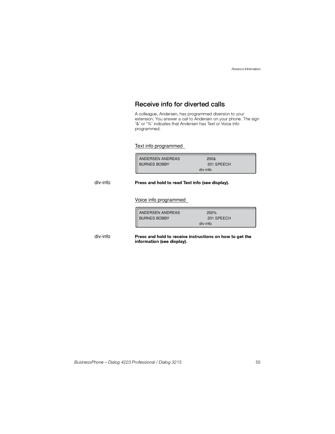 Sony Ericsson Dialog 3213, Dialog 4223 manual Receive info for diverted calls, Text info programmed, Voice info programmed 