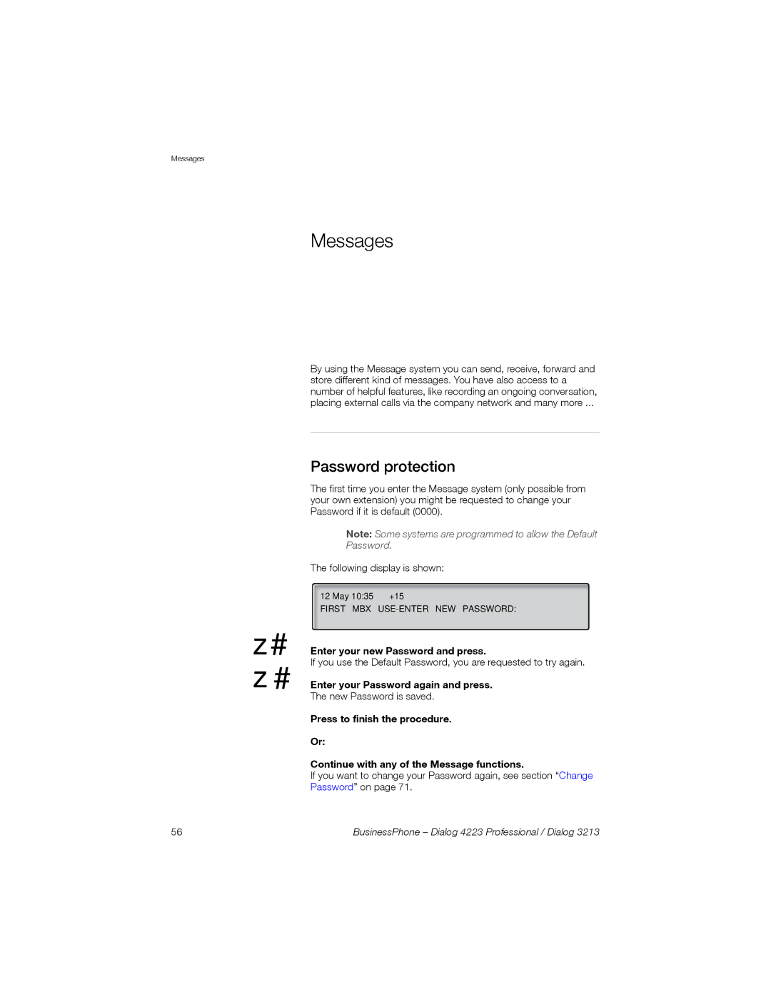 Sony Ericsson Dialog 4223, Dialog 3213 manual # z#, Messages, Password protection, Enter your new Password and press 