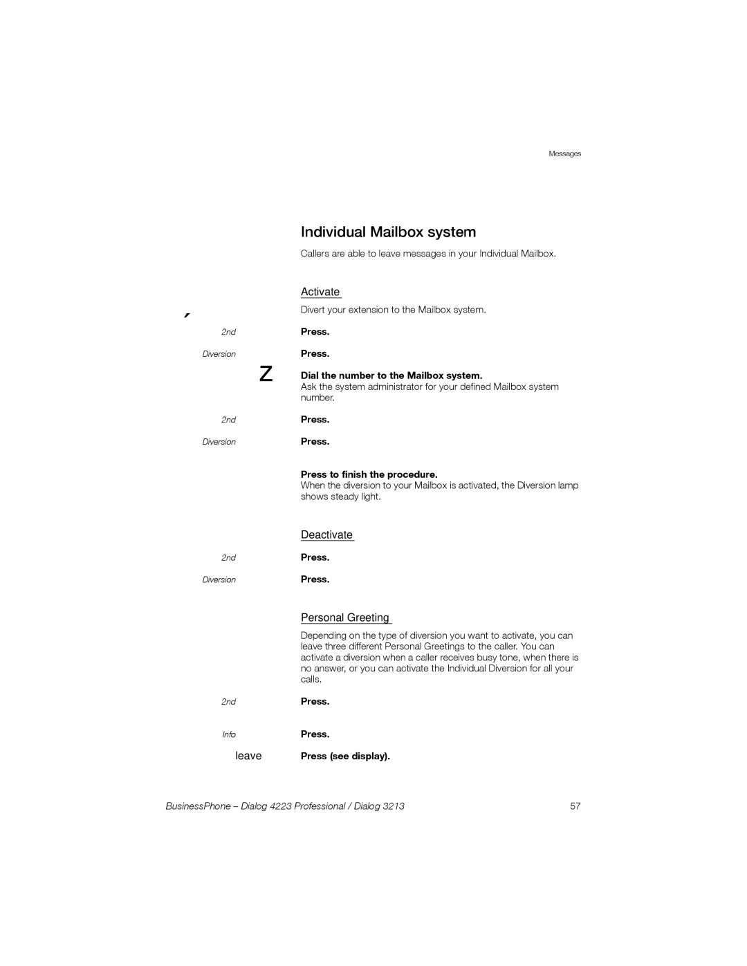 Sony Ericsson Dialog 3213 Individual Mailbox system, Deactivate, Personal Greeting, Press Press to finish the procedure 