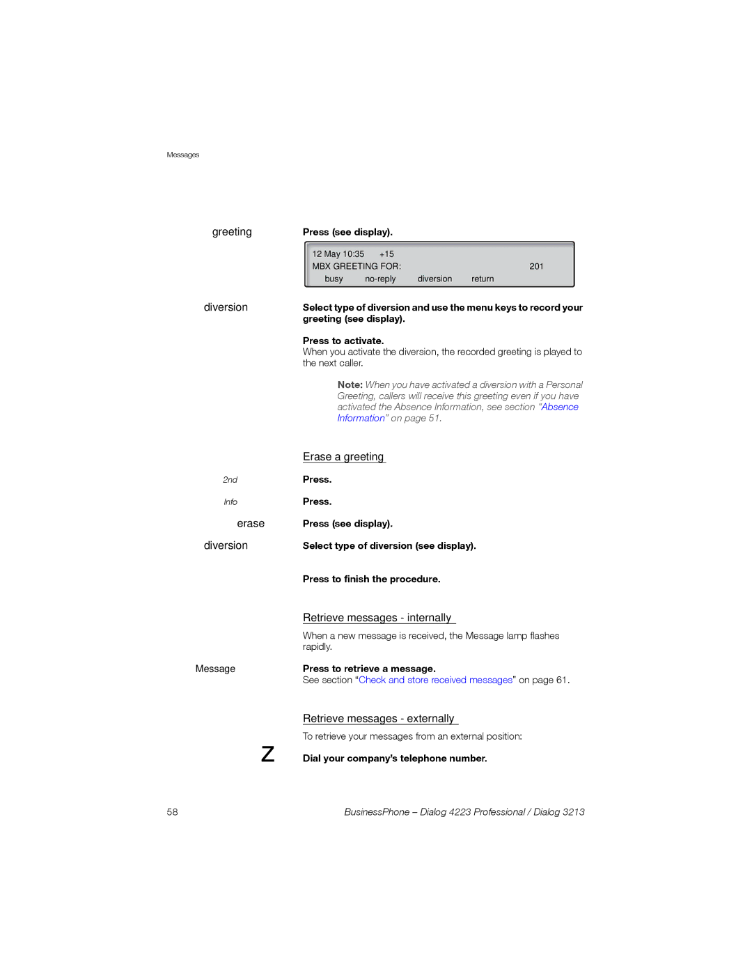 Sony Ericsson Dialog 4223, Dialog 3213 manual Erase a greeting, Retrieve messages internally, Retrieve messages externally 