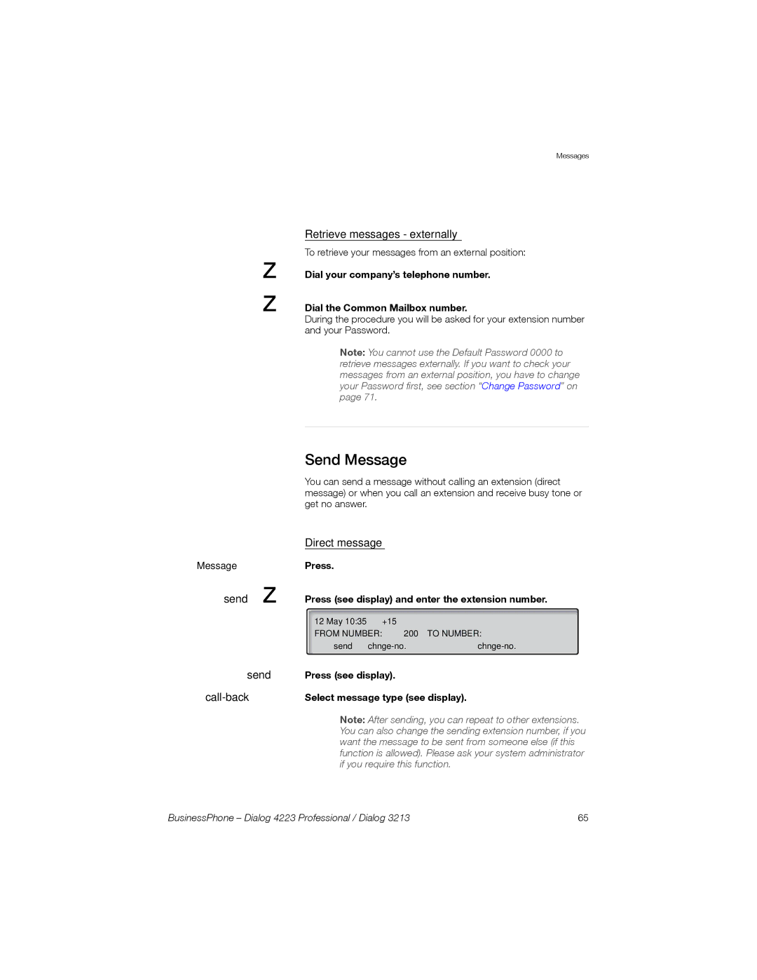 Sony Ericsson Dialog 3213 manual Send Message, Direct message, Press Press see display and enter the extension number 