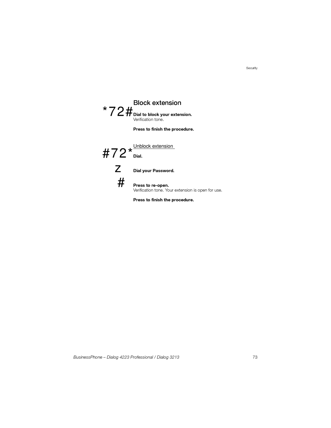 Sony Ericsson Dialog 3213, Dialog 4223 manual 72#, Block extension, Unblock extension, Dial to block your extension 