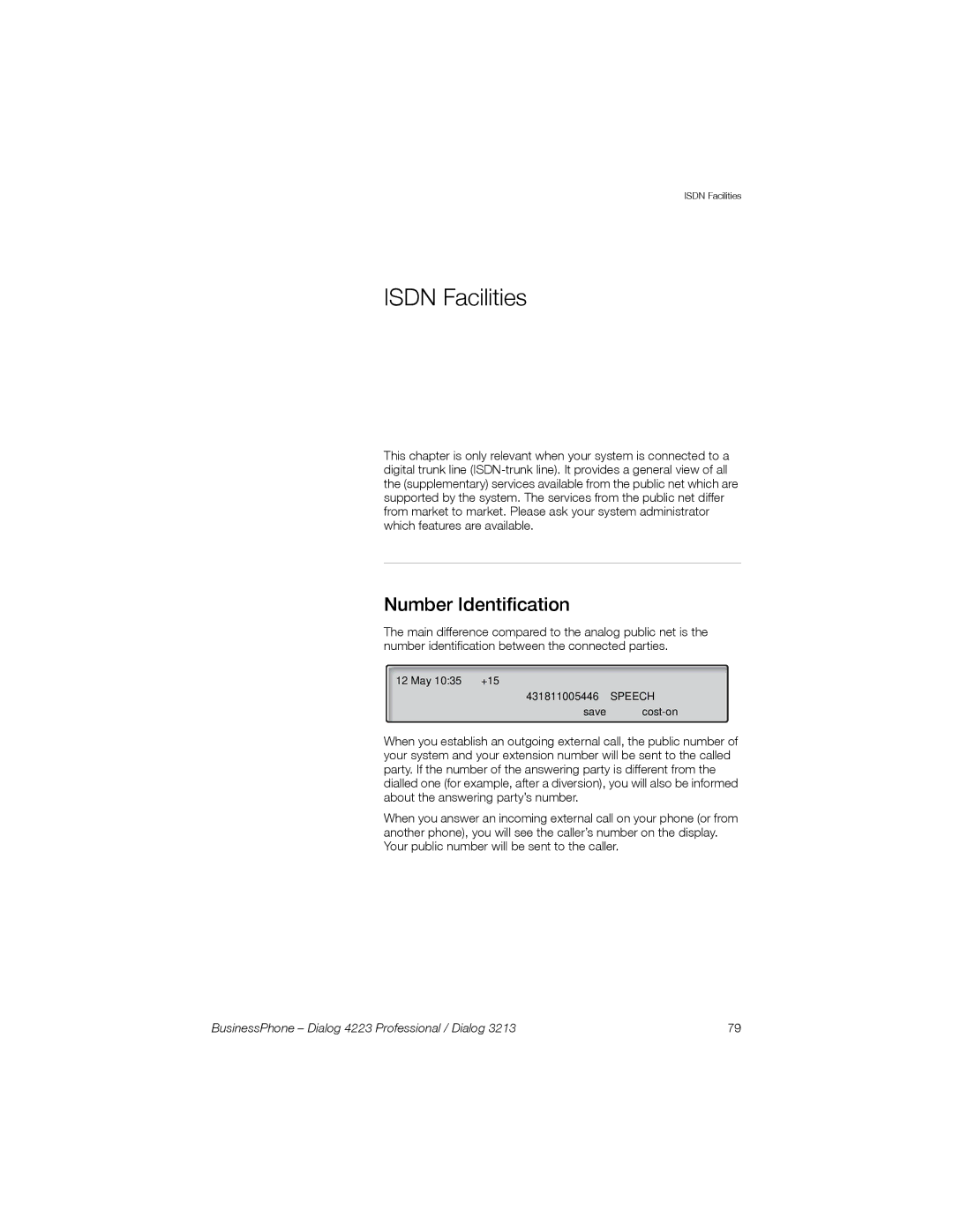 Sony Ericsson Dialog 3213, Dialog 4223 manual Isdn Facilities, Number Identification 