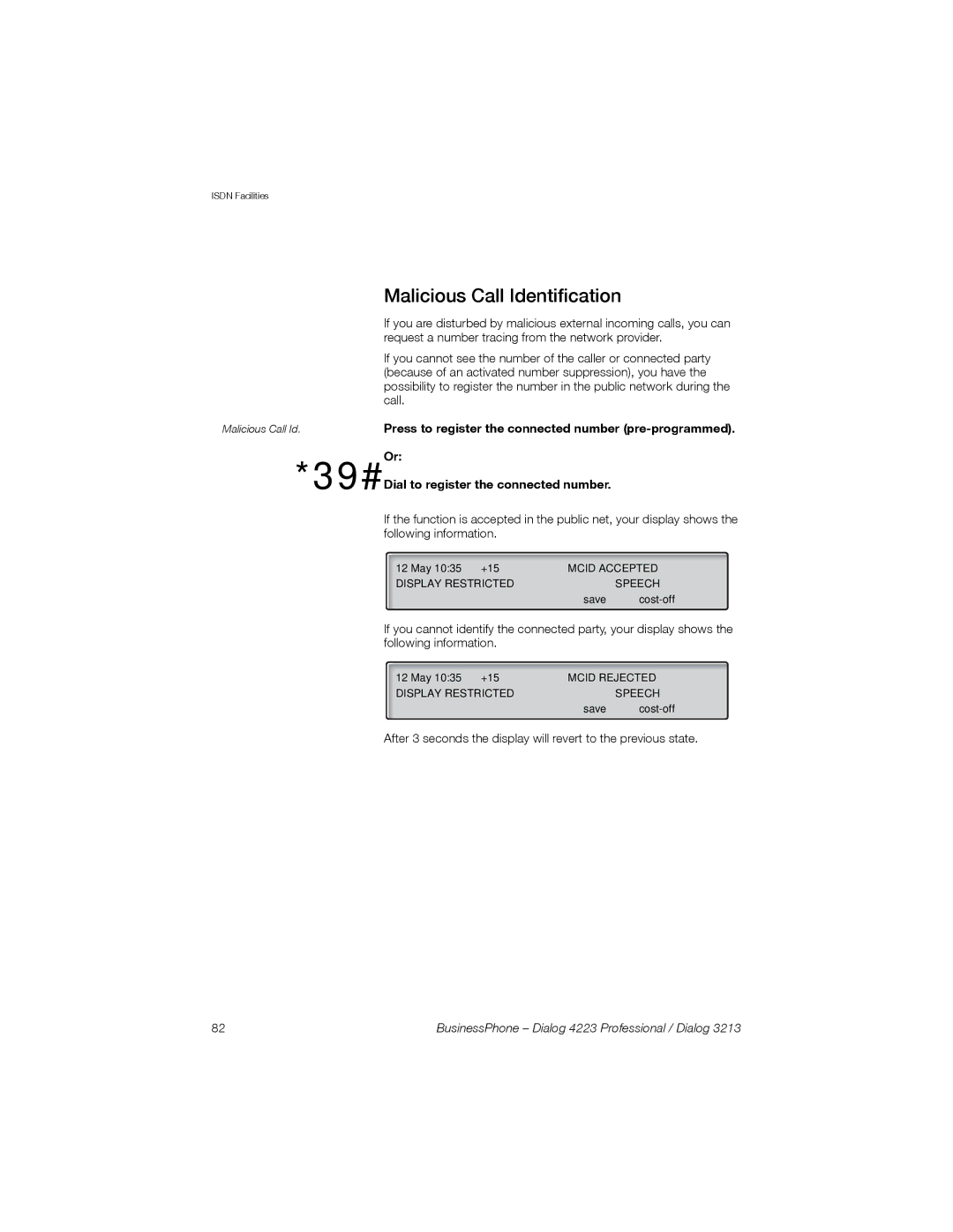 Sony Ericsson Dialog 4223, Dialog 3213 manual 39#, Malicious Call Identification 