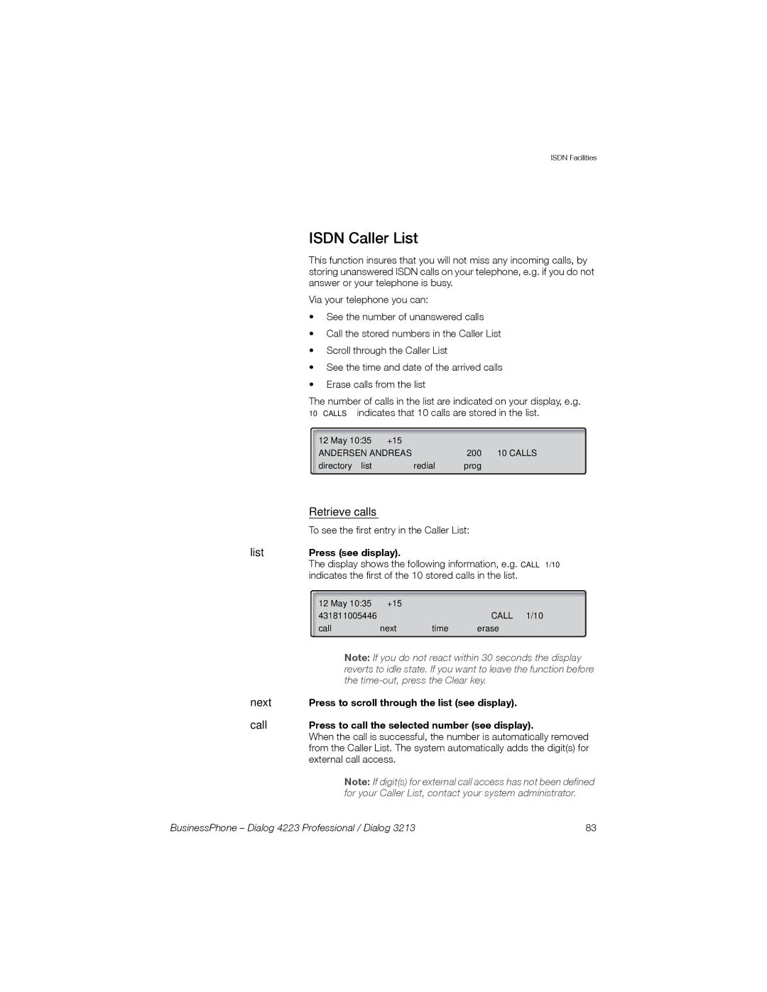 Sony Ericsson Dialog 3213, Dialog 4223 manual Isdn Caller List, Retrieve calls, List Press see display 