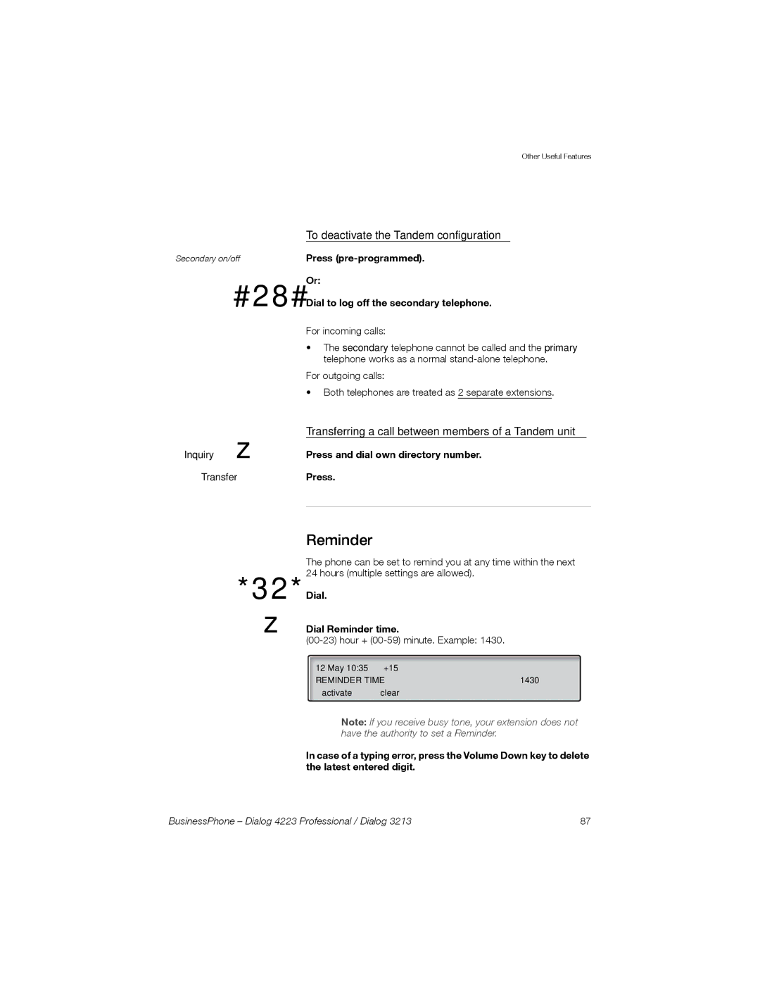 Sony Ericsson Dialog 3213, Dialog 4223 manual #28#, Reminder, To deactivate the Tandem configuration 