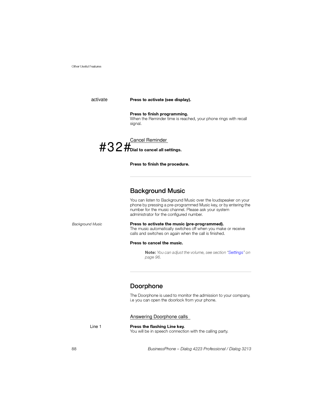 Sony Ericsson Dialog 4223, Dialog 3213 manual #32#, Background Music, Cancel Reminder, Answering Doorphone calls 