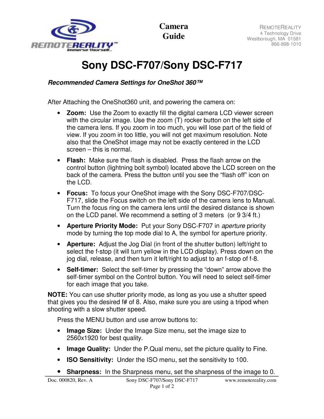 Sony Ericsson manual Sony DSC-F707/Sony DSC-F717, Recommended Camera Settings for OneShot 