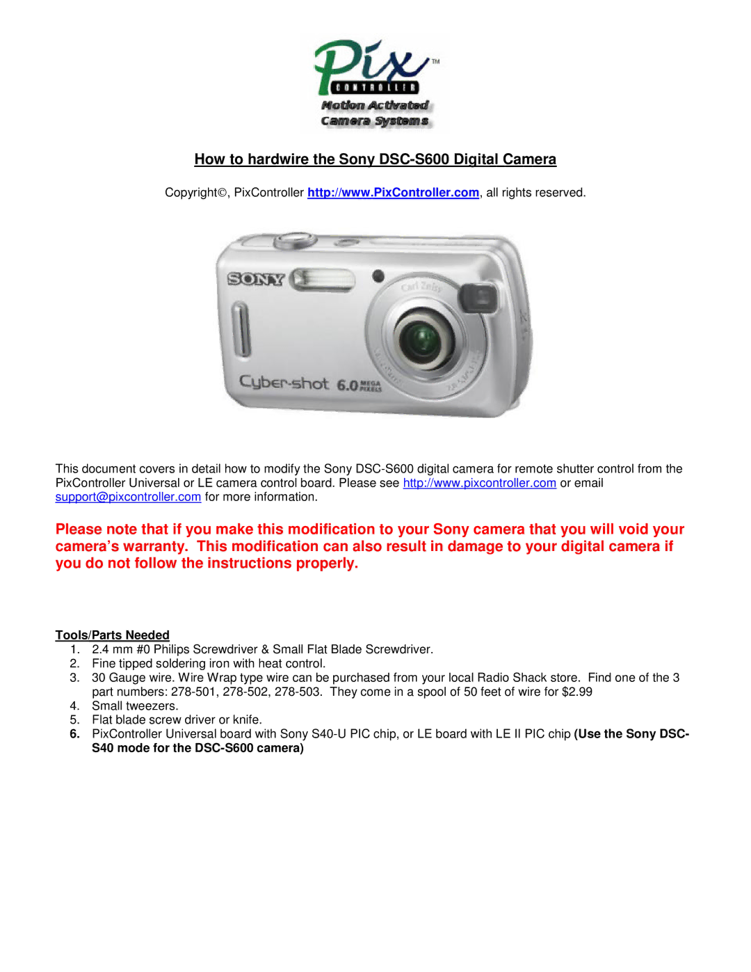 Sony Ericsson warranty Tools/Parts Needed, S40 mode for the DSC-S600 camera 