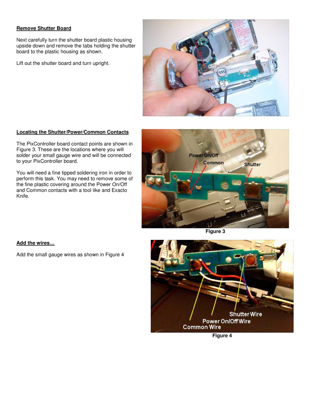 Sony Ericsson DSC-S600 warranty Remove Shutter Board, Locating the Shutter/Power/Common Contacts, Add the wires… 