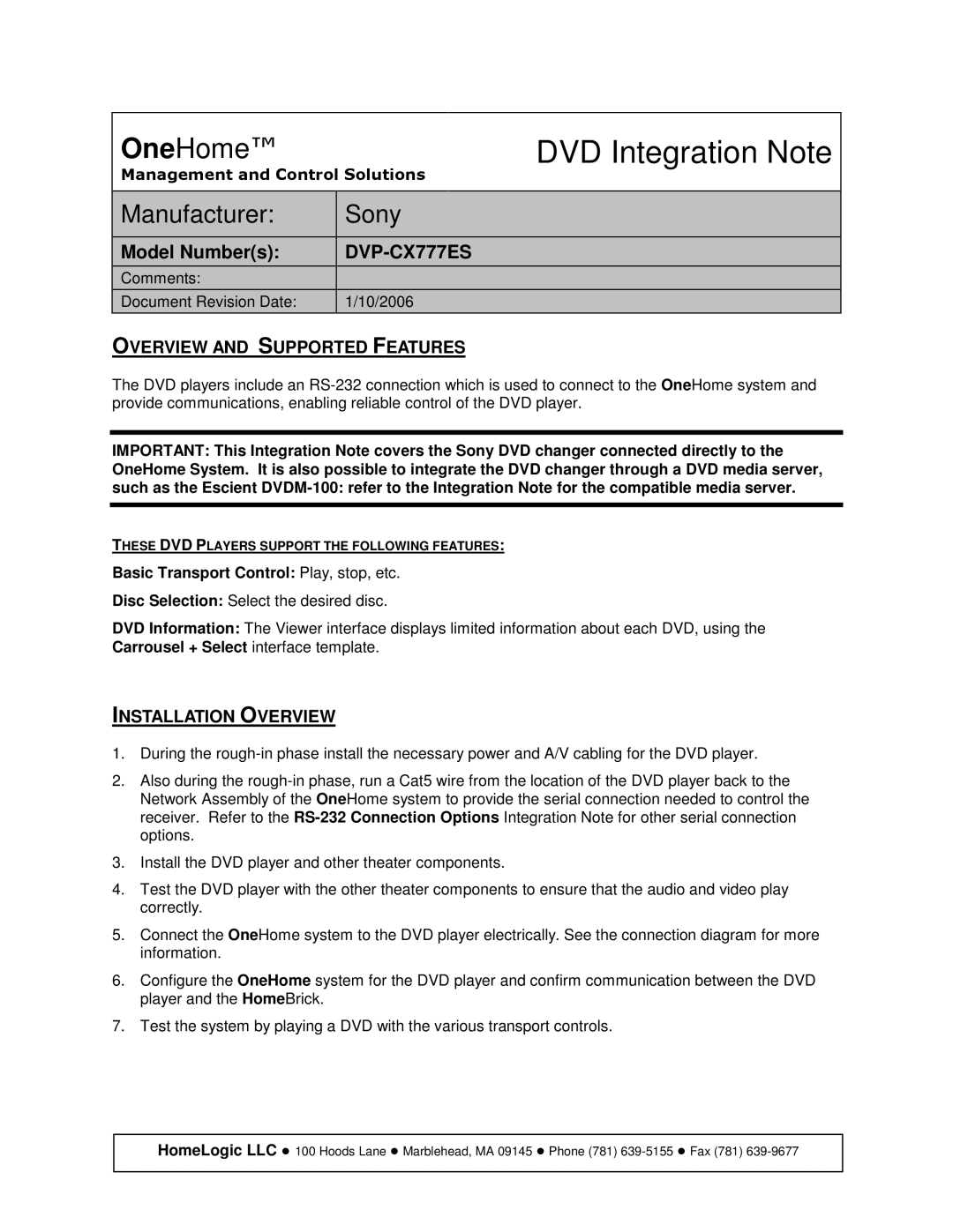 Sony Ericsson DVP-CX777ES manual Overview and Supported Features, Installation Overview 