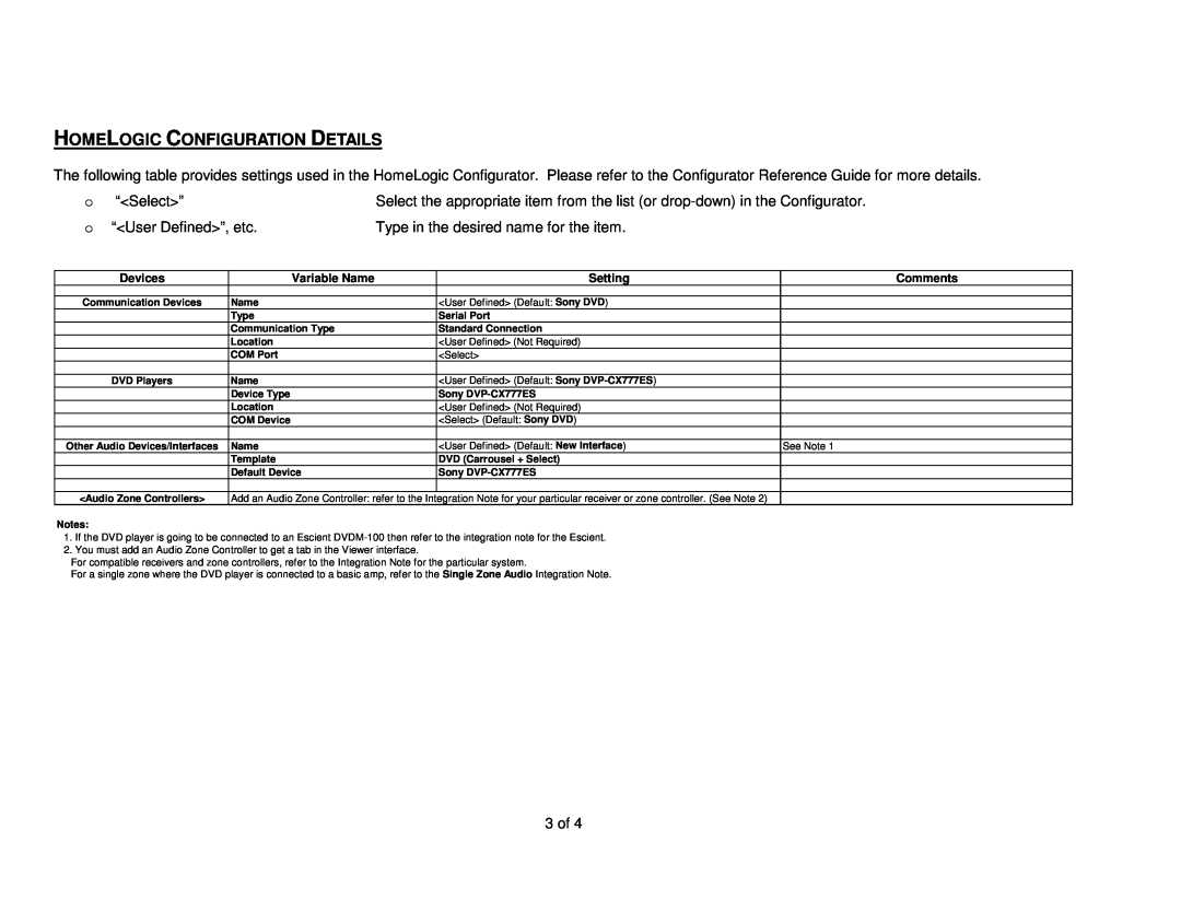 Sony Ericsson DVP-CX777ES manual Homelogic Configuration Details, “Select”, “User Defined”, etc, Setting, Comments, Devices 