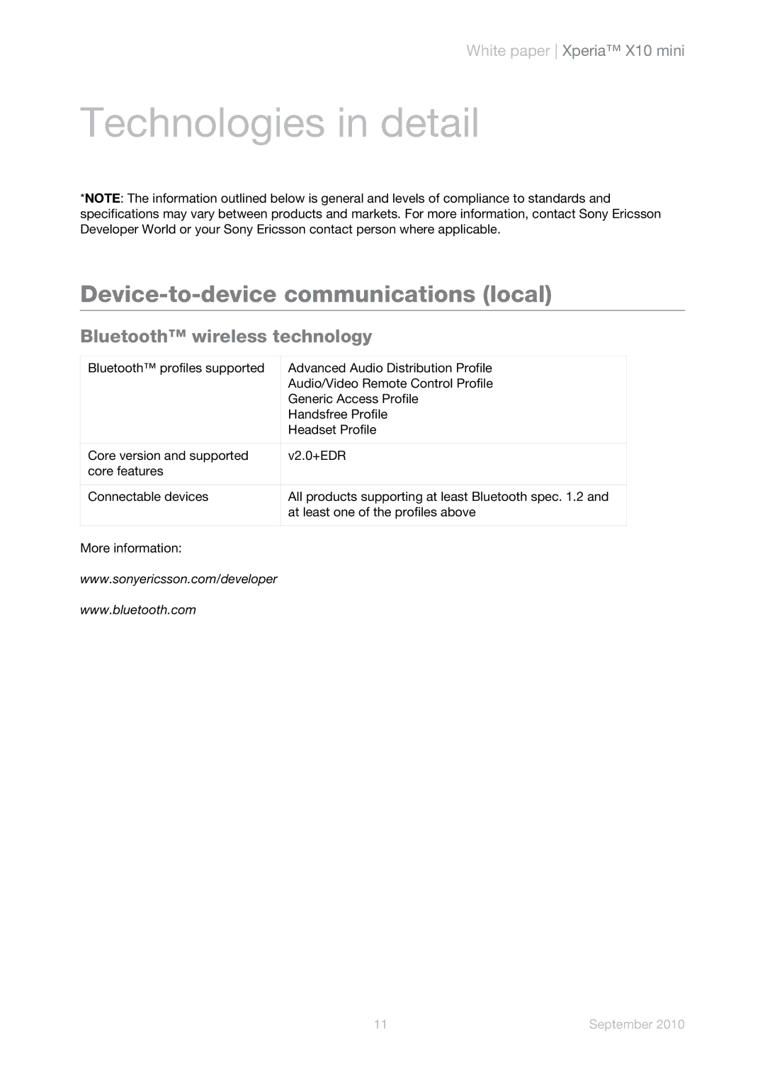 Sony Ericsson E10a, E101 manual Device-to-device communications local, Bluetooth wireless technology 