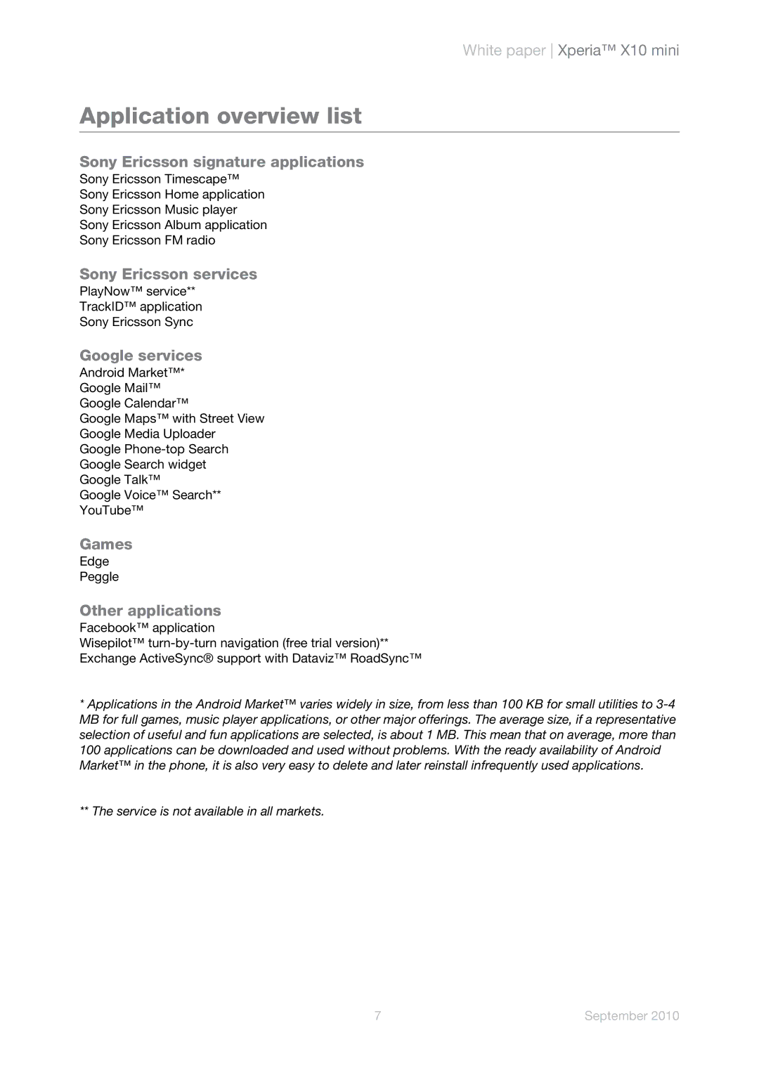 Sony Ericsson E10a, E101 manual Application overview list 