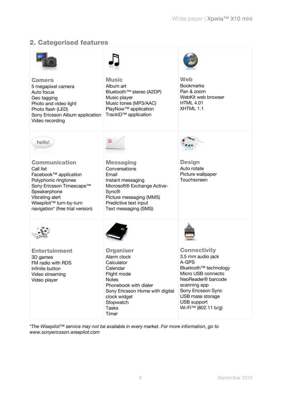 Sony Ericsson E10a, E101 manual Categorised features, Camera Music Web, Communication Messaging Design 