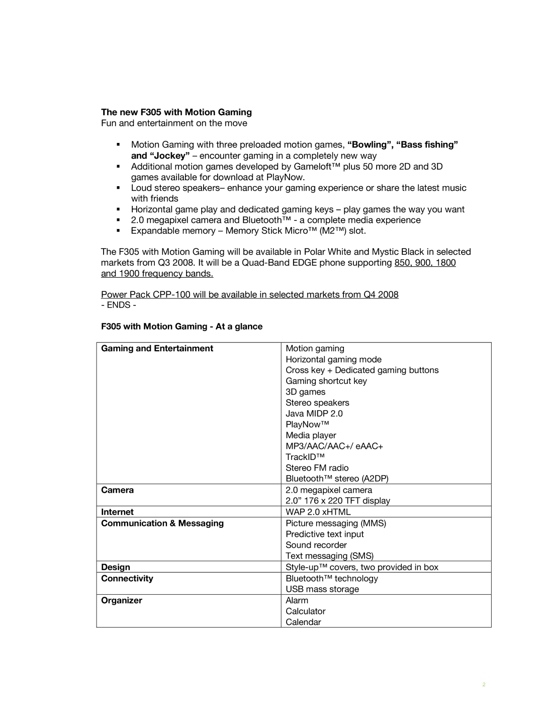 Sony Ericsson manual New F305 with Motion Gaming 