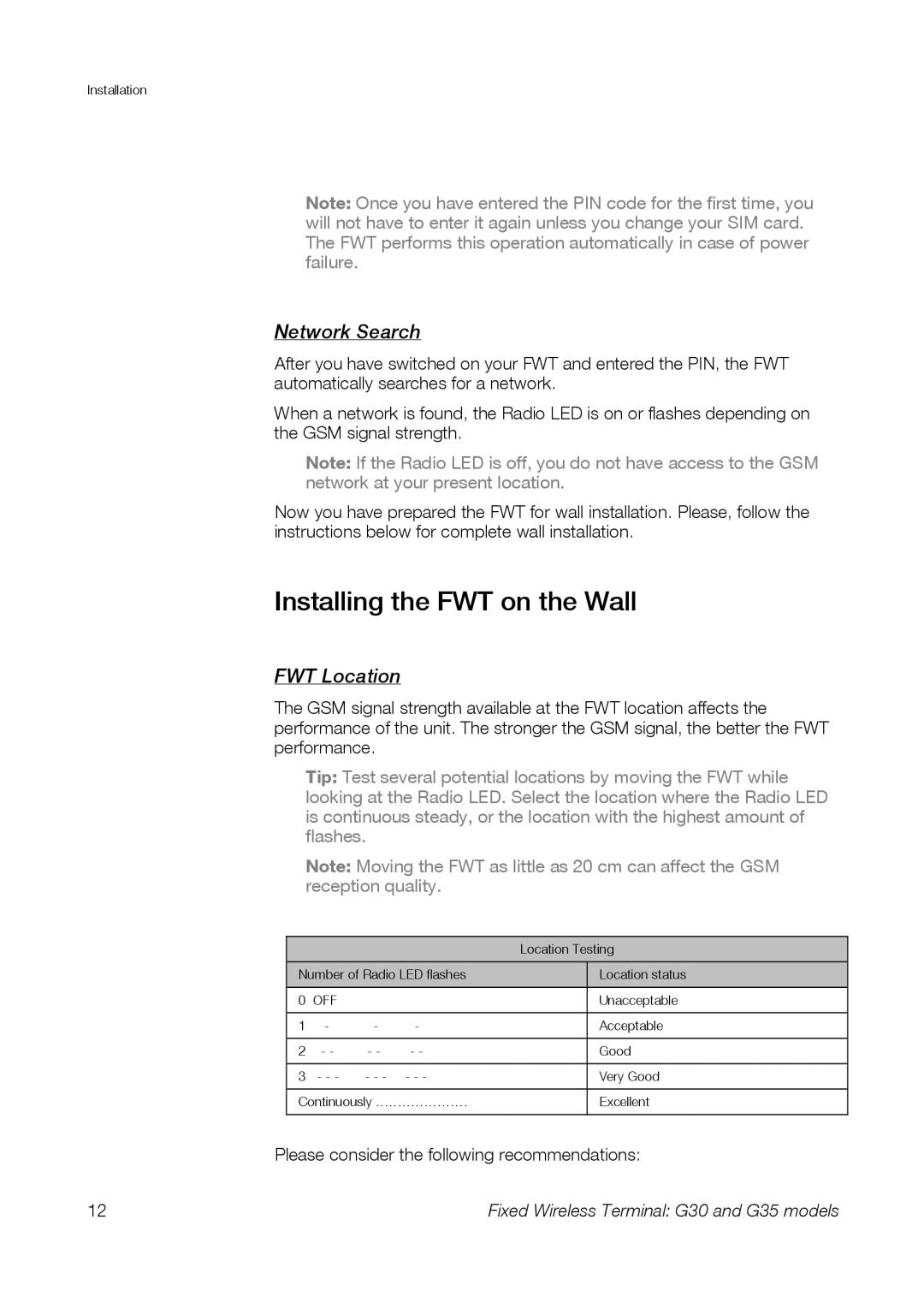 Sony Ericsson G35, G30 manual Installing the FWT on the Wall, Network Search, FWT Location 