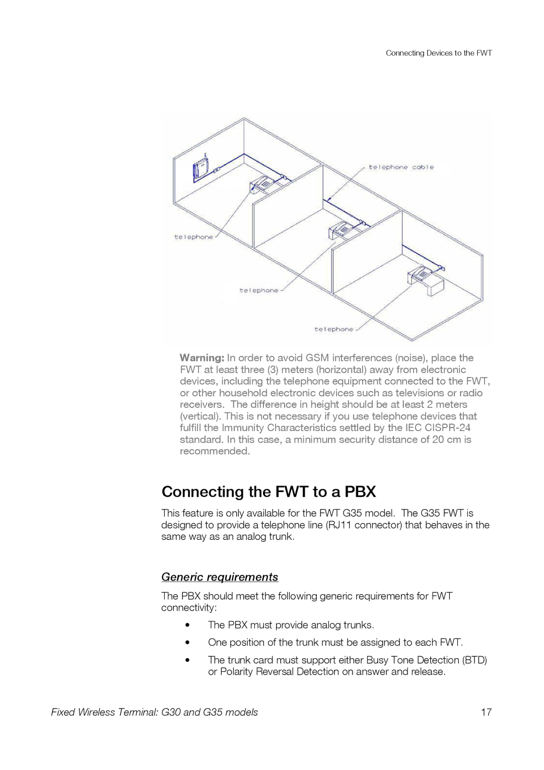 Sony Ericsson G30, G35 manual Connecting the FWT to a PBX, Generic requirements 