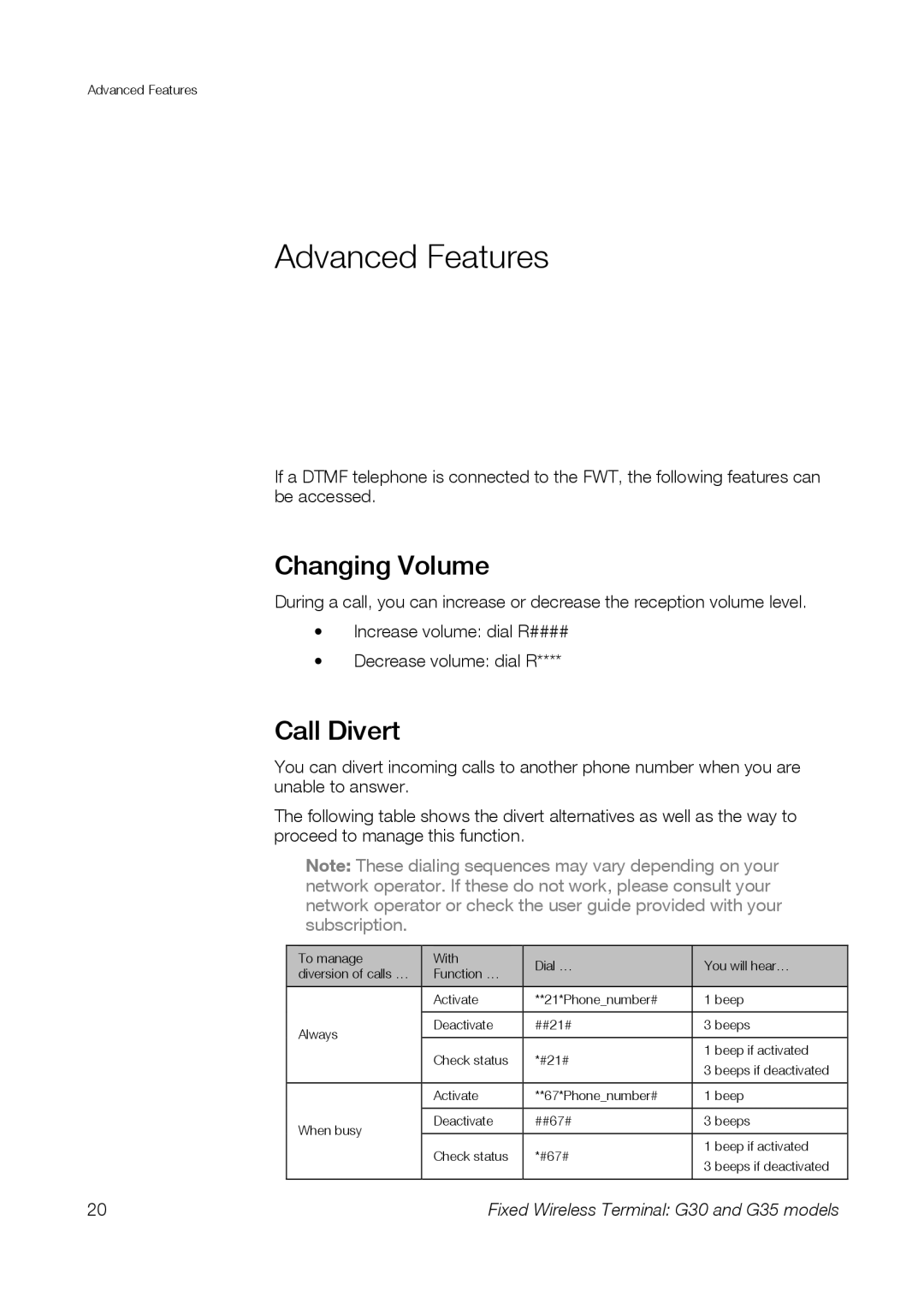 Sony Ericsson G35, G30 manual Advanced Features, Changing Volume, Call Divert 