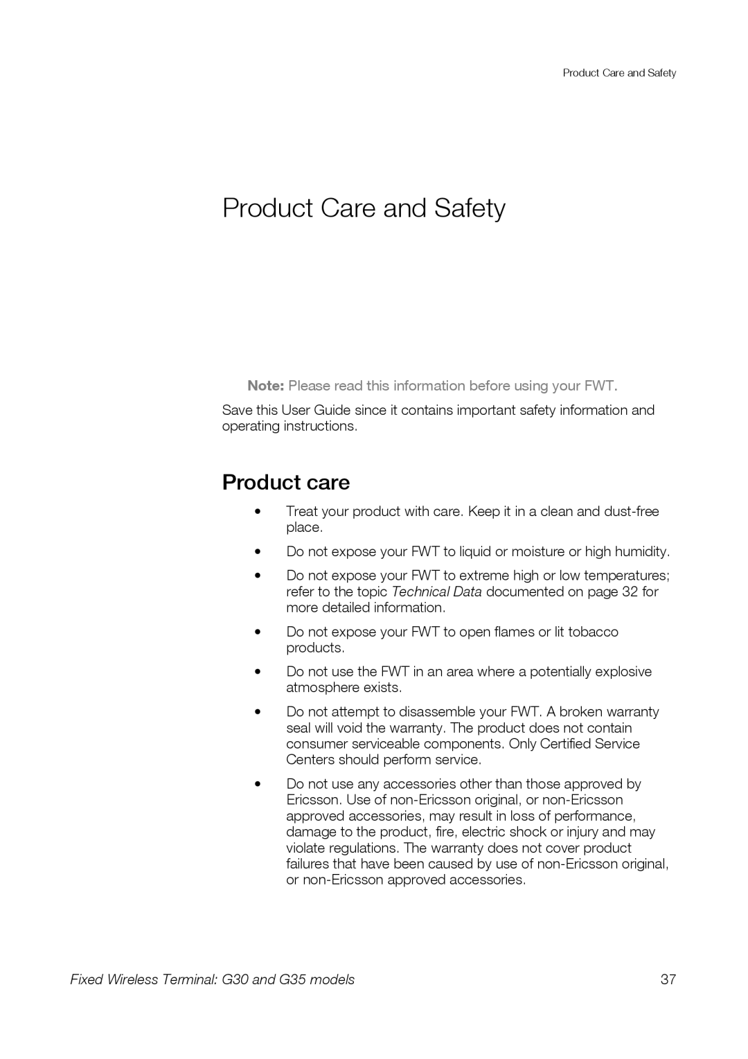 Sony Ericsson G30, G35 manual Product Care and Safety, Product care 