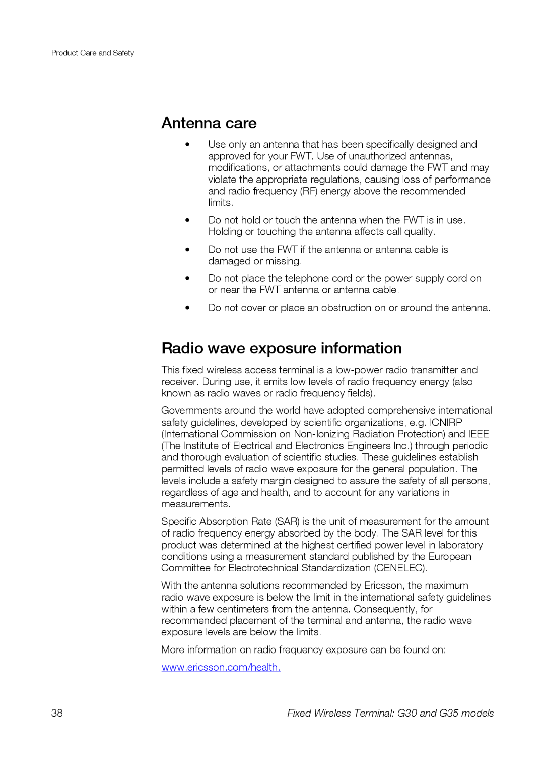 Sony Ericsson G35, G30 manual Antenna care, Radio wave exposure information 