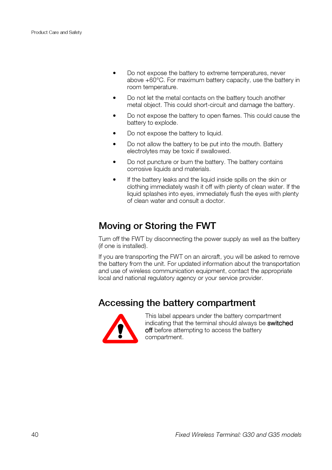 Sony Ericsson G35, G30 manual Moving or Storing the FWT, Accessing the battery compartment 