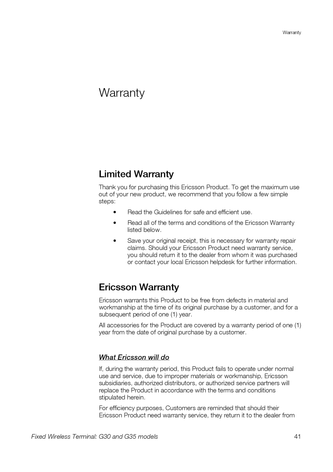 Sony Ericsson G30, G35 manual Limited Warranty, Ericsson Warranty, What Ericsson will do 