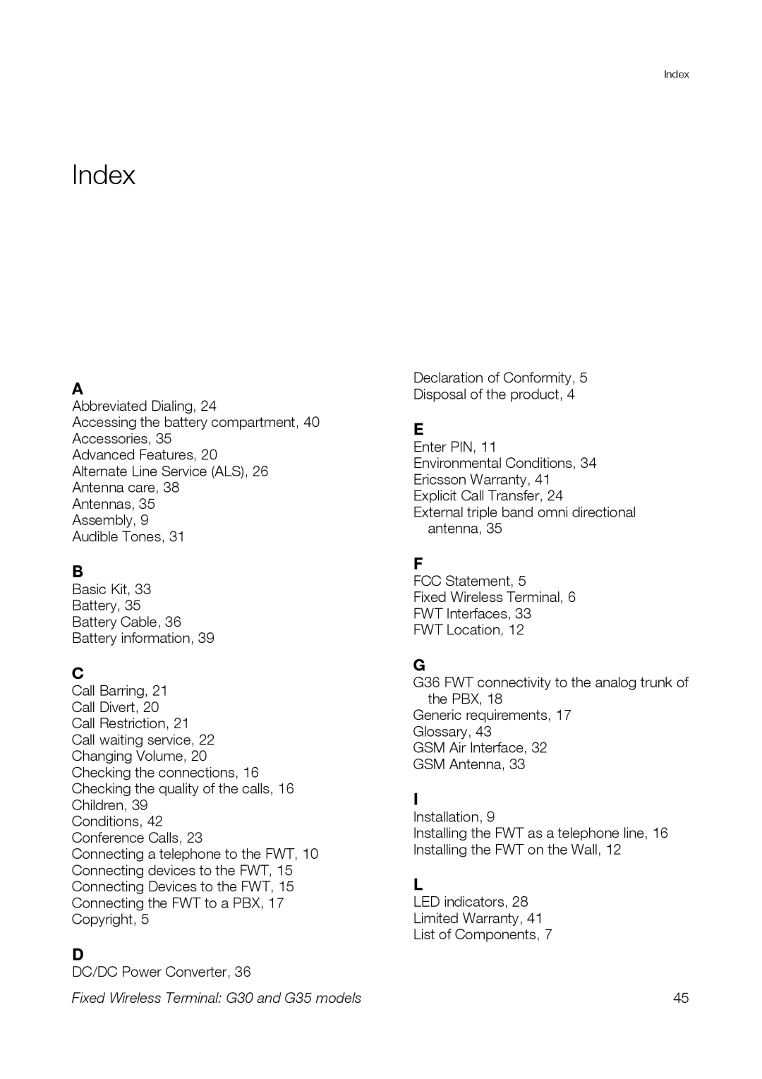 Sony Ericsson G30, G35 manual Index 