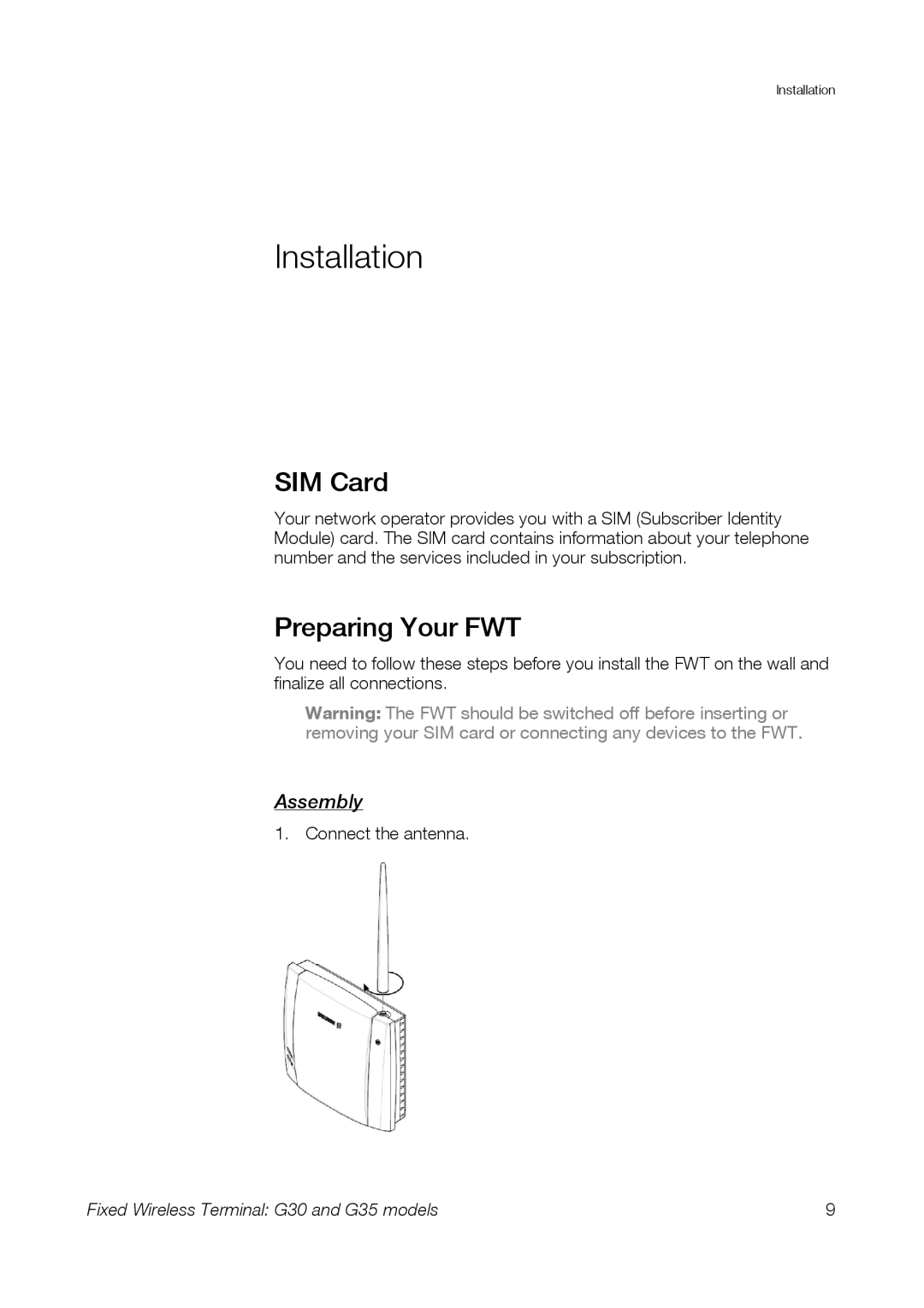 Sony Ericsson G30, G35 manual Installation, SIM Card, Preparing Your FWT, Assembly 