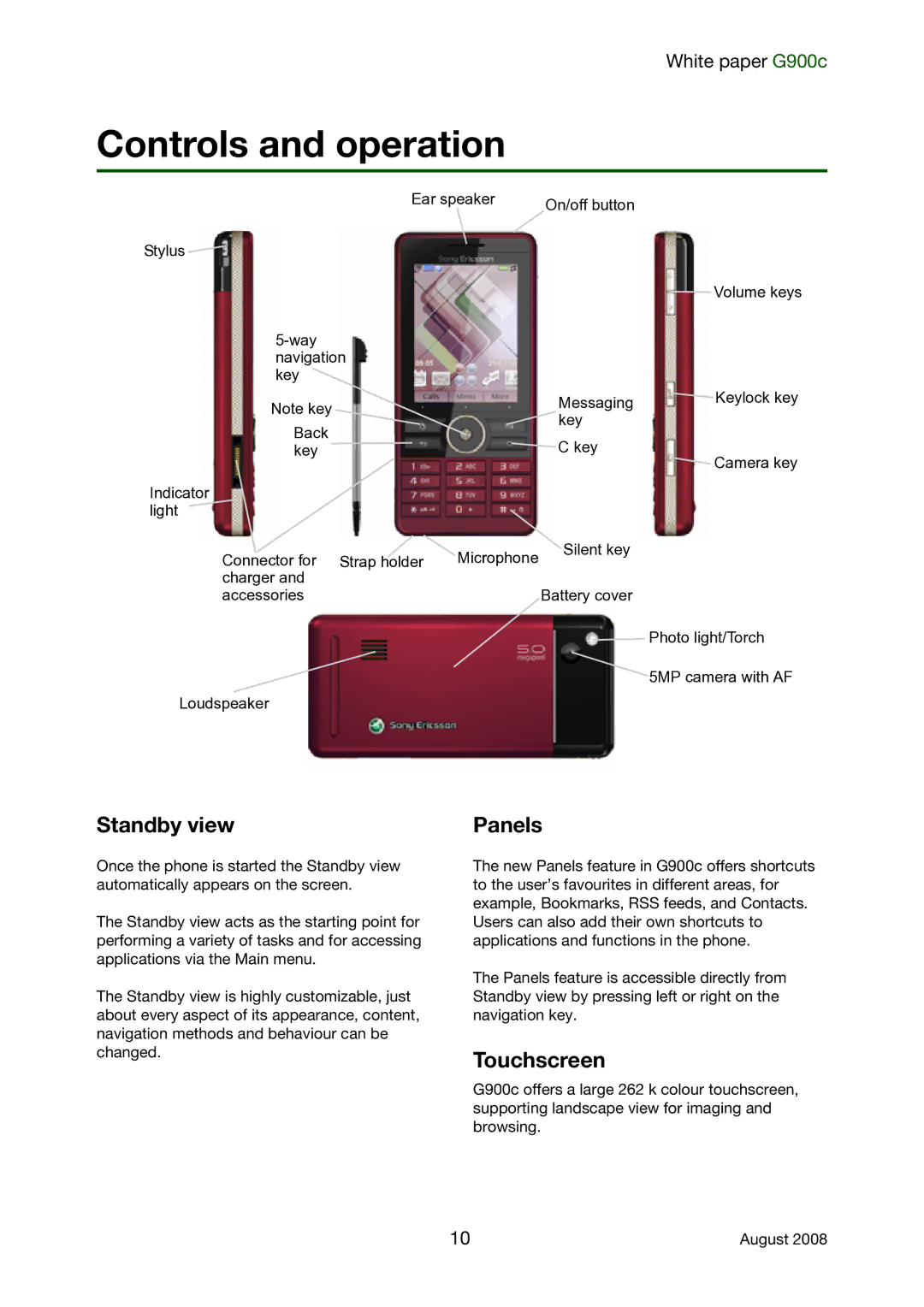 Sony Ericsson G900C manual Controls and operation, Standby view, Panels, Touchscreen 