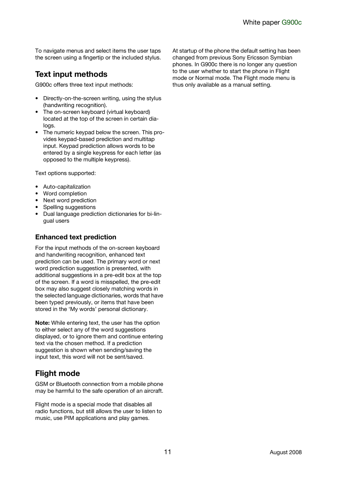 Sony Ericsson G900C manual Text input methods, Flight mode, Enhanced text prediction 