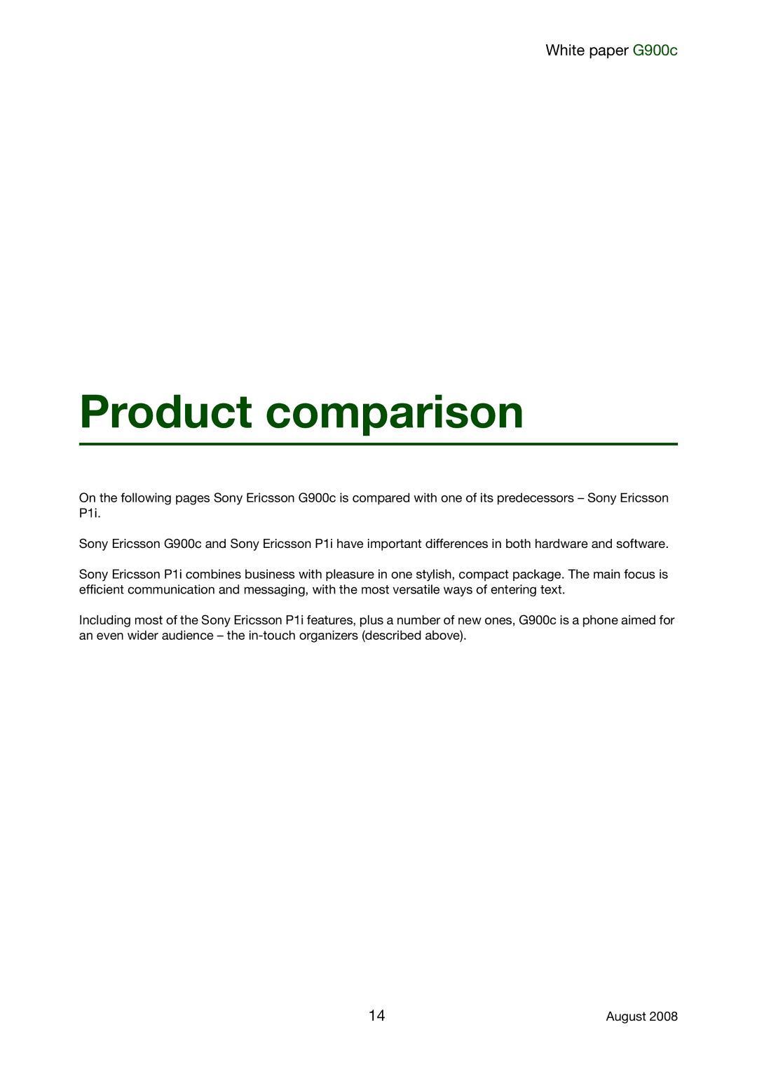 Sony Ericsson G900C manual Product comparison 