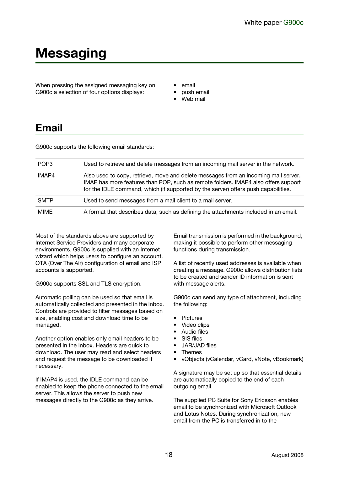 Sony Ericsson G900C manual Messaging, POP3, IMAP4, Smtp, Mime 