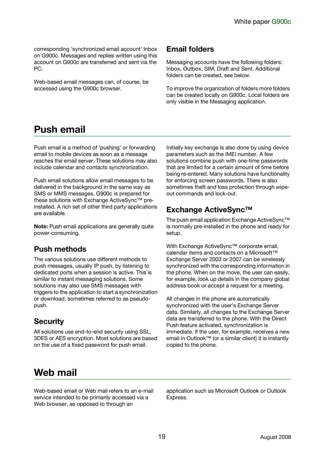 Sony Ericsson G900C manual Push email, Web mail 