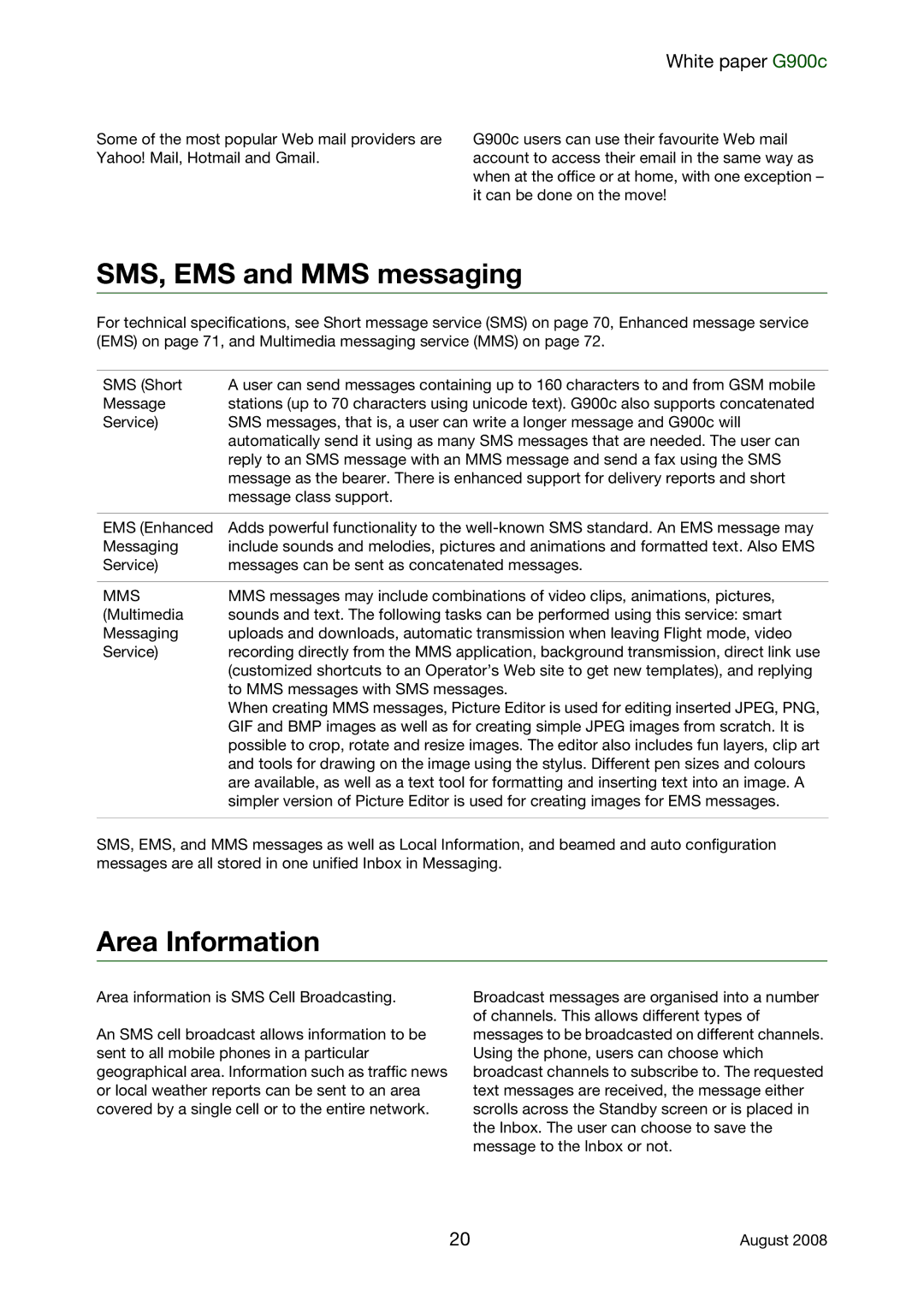 Sony Ericsson G900C manual SMS, EMS and MMS messaging, Area Information, Mms 