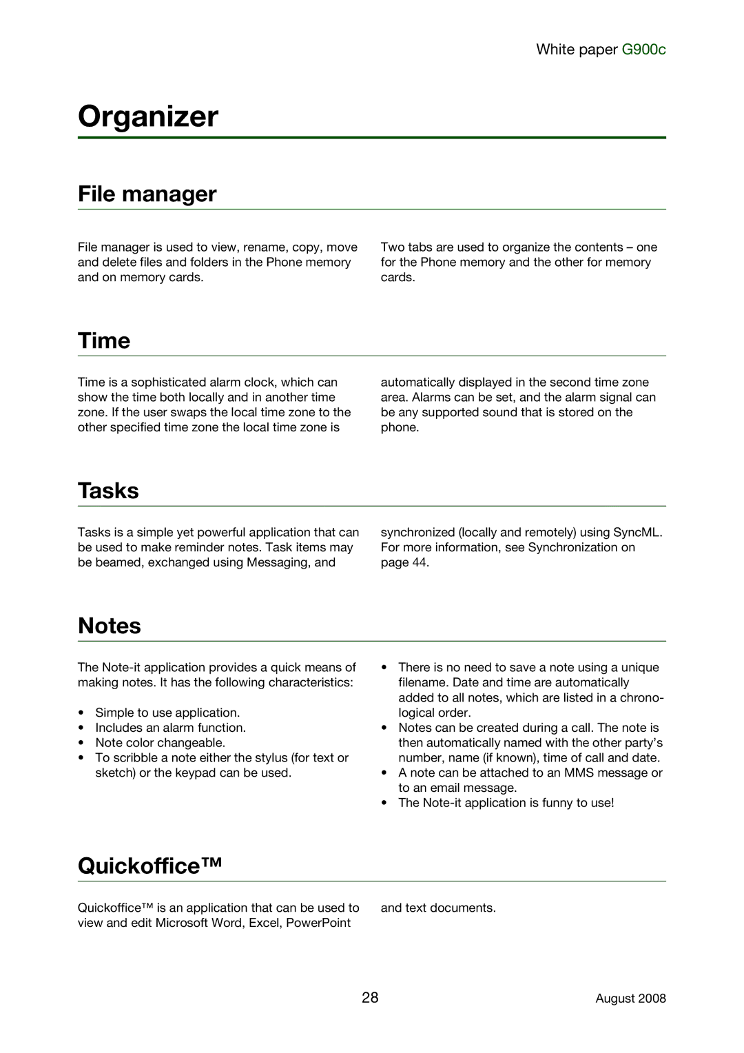 Sony Ericsson G900C manual Organizer, File manager, Time, Tasks, Quickoffice 