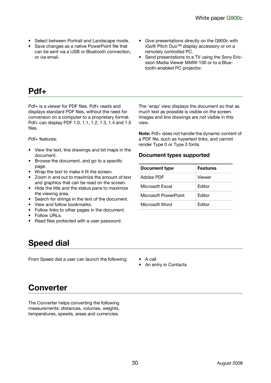 Sony Ericsson G900C manual Speed dial, Converter, Document types supported, Document type Features 