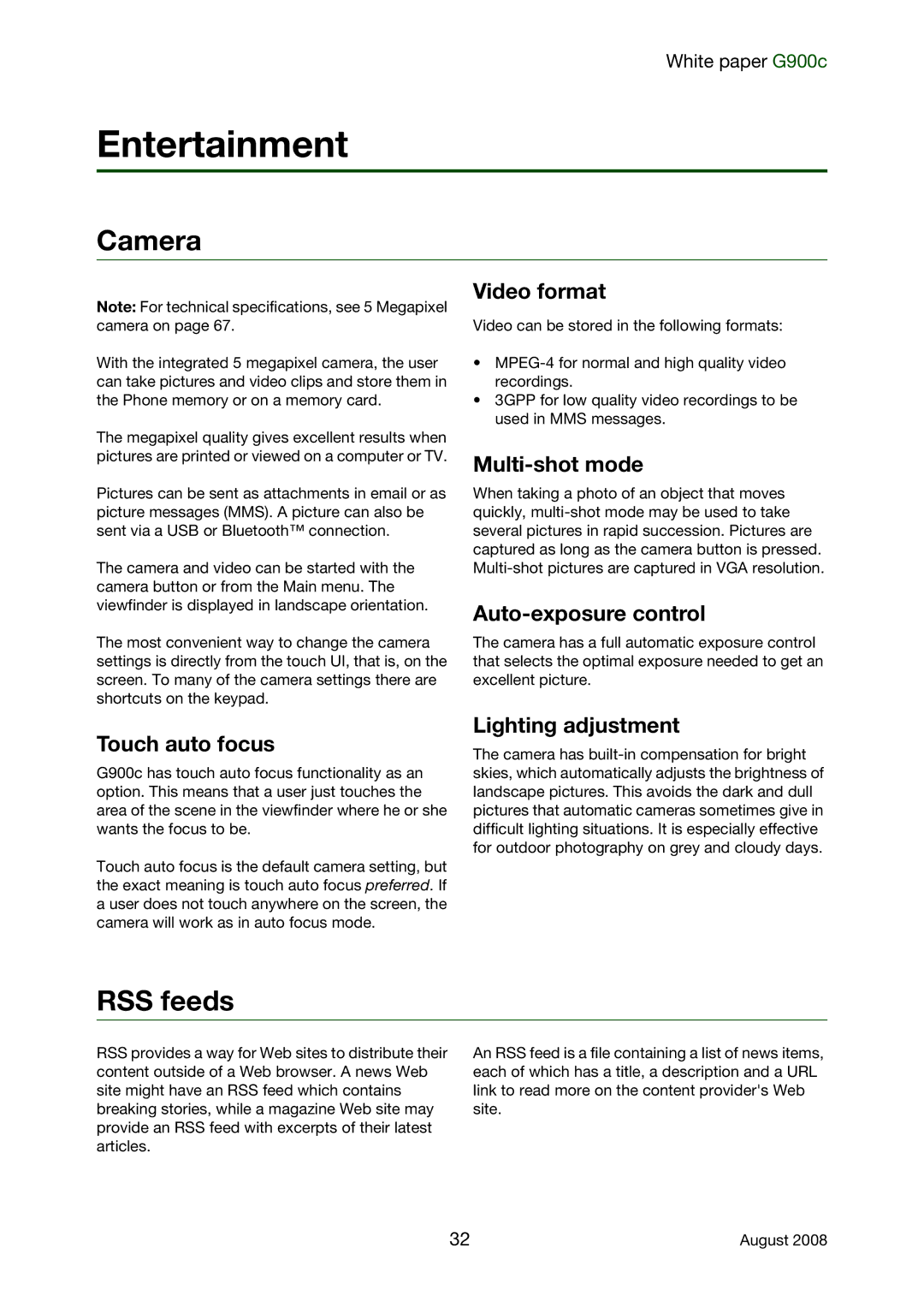 Sony Ericsson G900C manual Entertainment, Camera, RSS feeds 