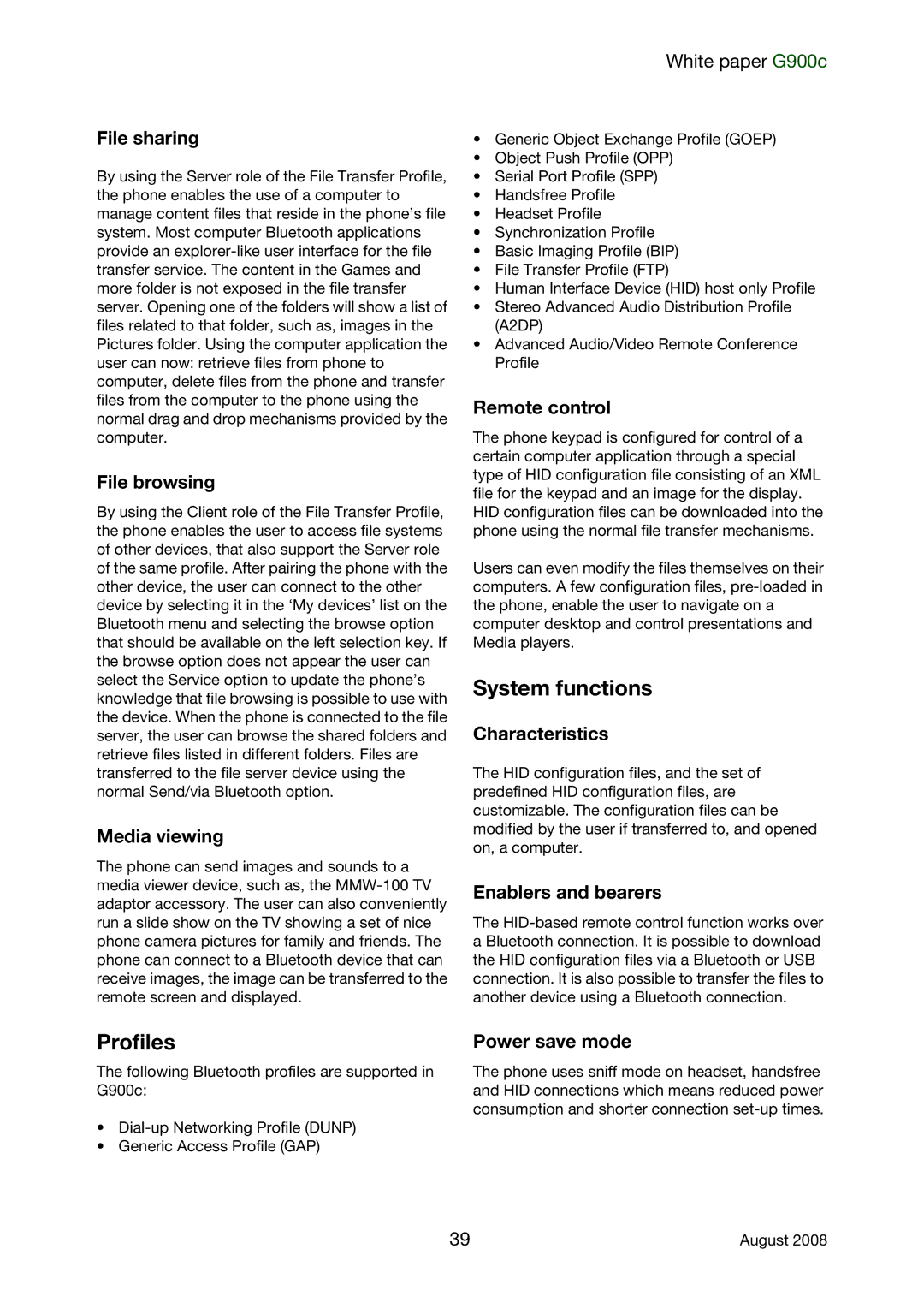 Sony Ericsson G900C manual System functions, Profiles 