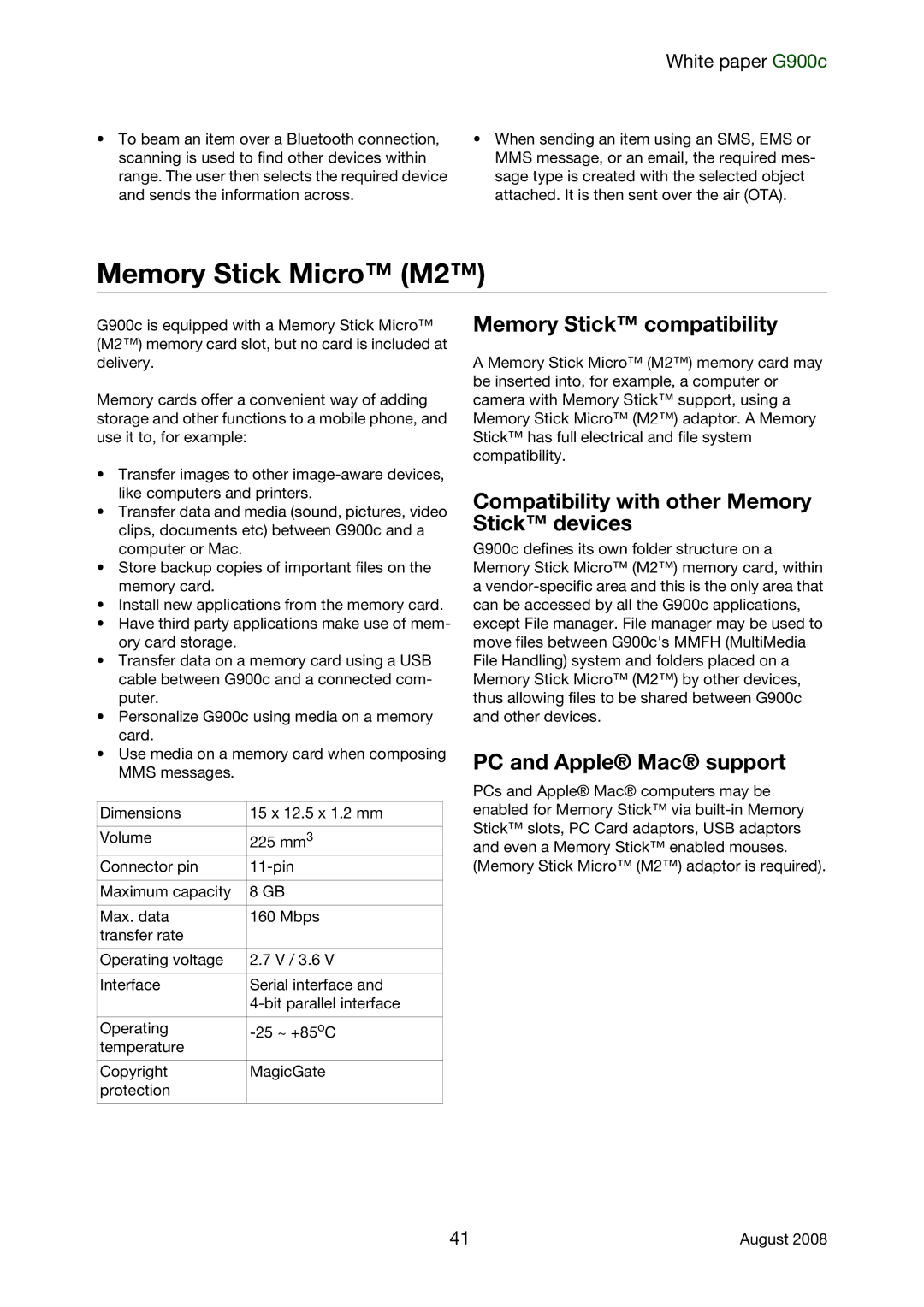 Sony Ericsson G900C manual Memory Stick Micro M2, Memory Stick compatibility, Compatibility with other Memory Stick devices 