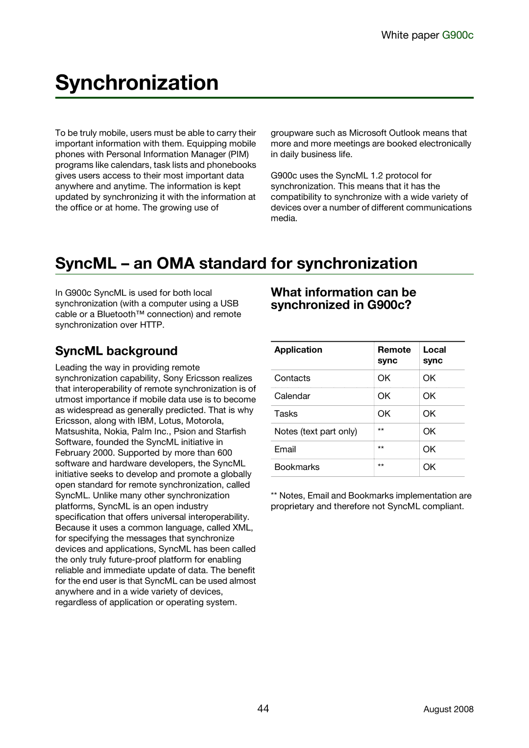 Sony Ericsson G900C manual Synchronization, SyncML an OMA standard for synchronization, SyncML background 