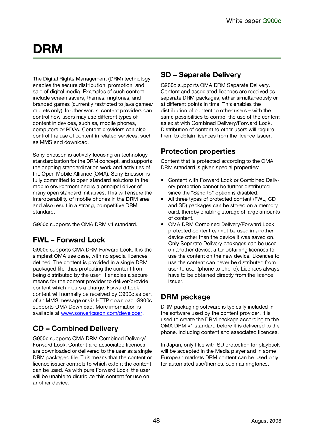 Sony Ericsson G900C manual FWL Forward Lock CD Combined Delivery, SD Separate Delivery, Protection properties, DRM package 
