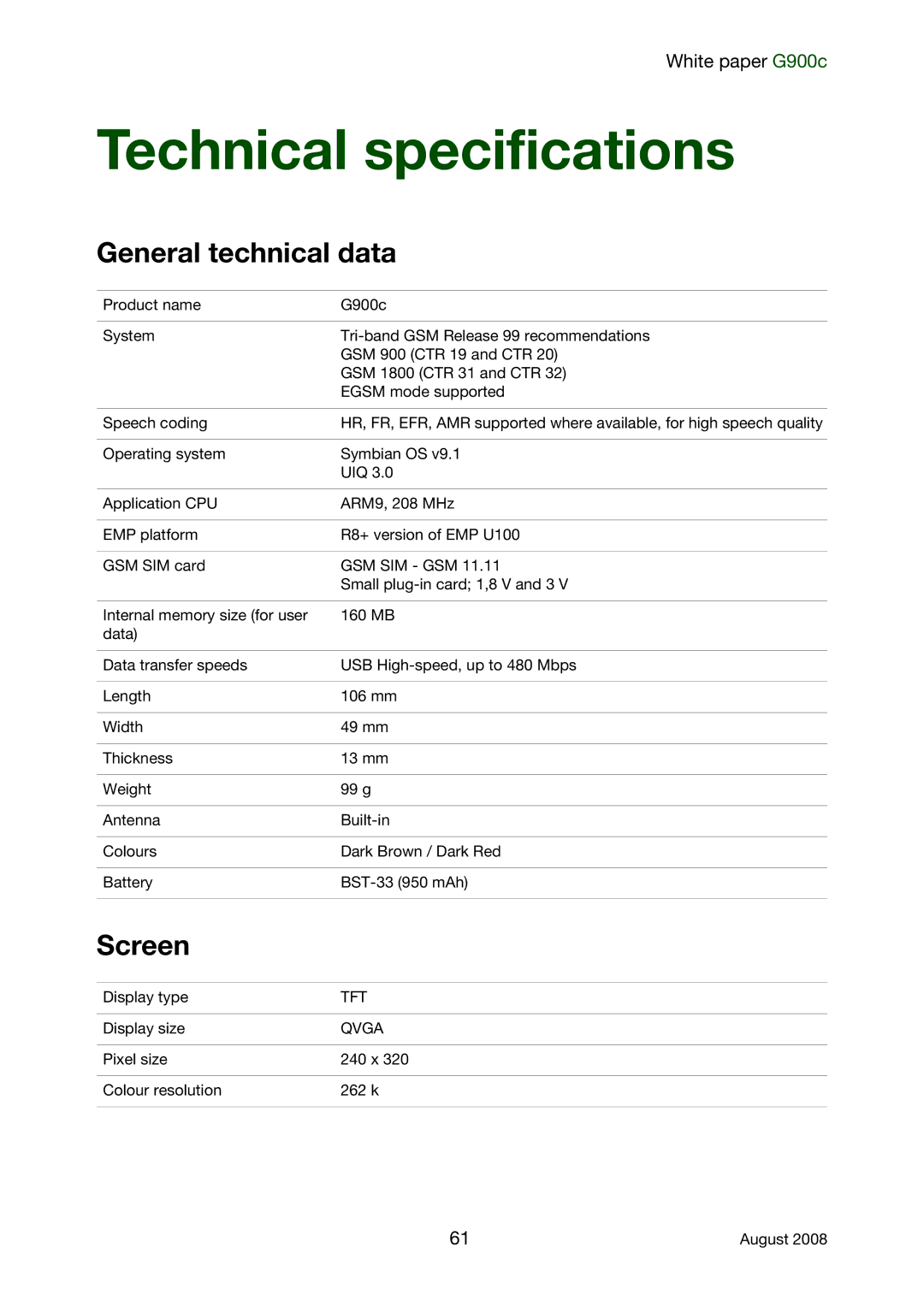 Sony Ericsson G900C manual General technical data, Screen, Tft, Qvga 